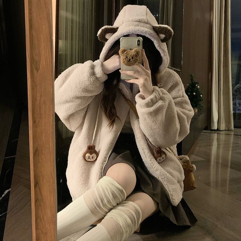 여성 루즈핏 곰돌이 귀 양털 뽀글이 후드집업 자켓 점퍼 테디베어 따뜻한 캐주얼 데일리 코디 겨울 아우터 - 상세 이미지 4