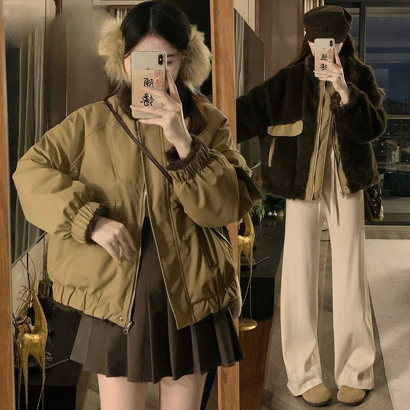 여성 겨울 양면 리버시블 퍼 숏패딩 무스탕 야상 점퍼 오버핏 따뜻한 두꺼운 아우터 자켓 파카 - 상세 이미지 2