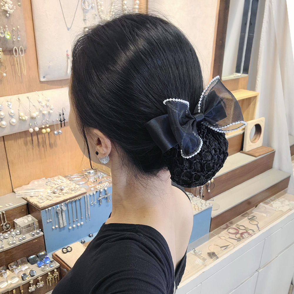 루루핀 무광 베이스 위 테두리 시스루 진주 믹스 직장인 면접용 아르바이트 블랙 리본 망핀 - 메인 이미지