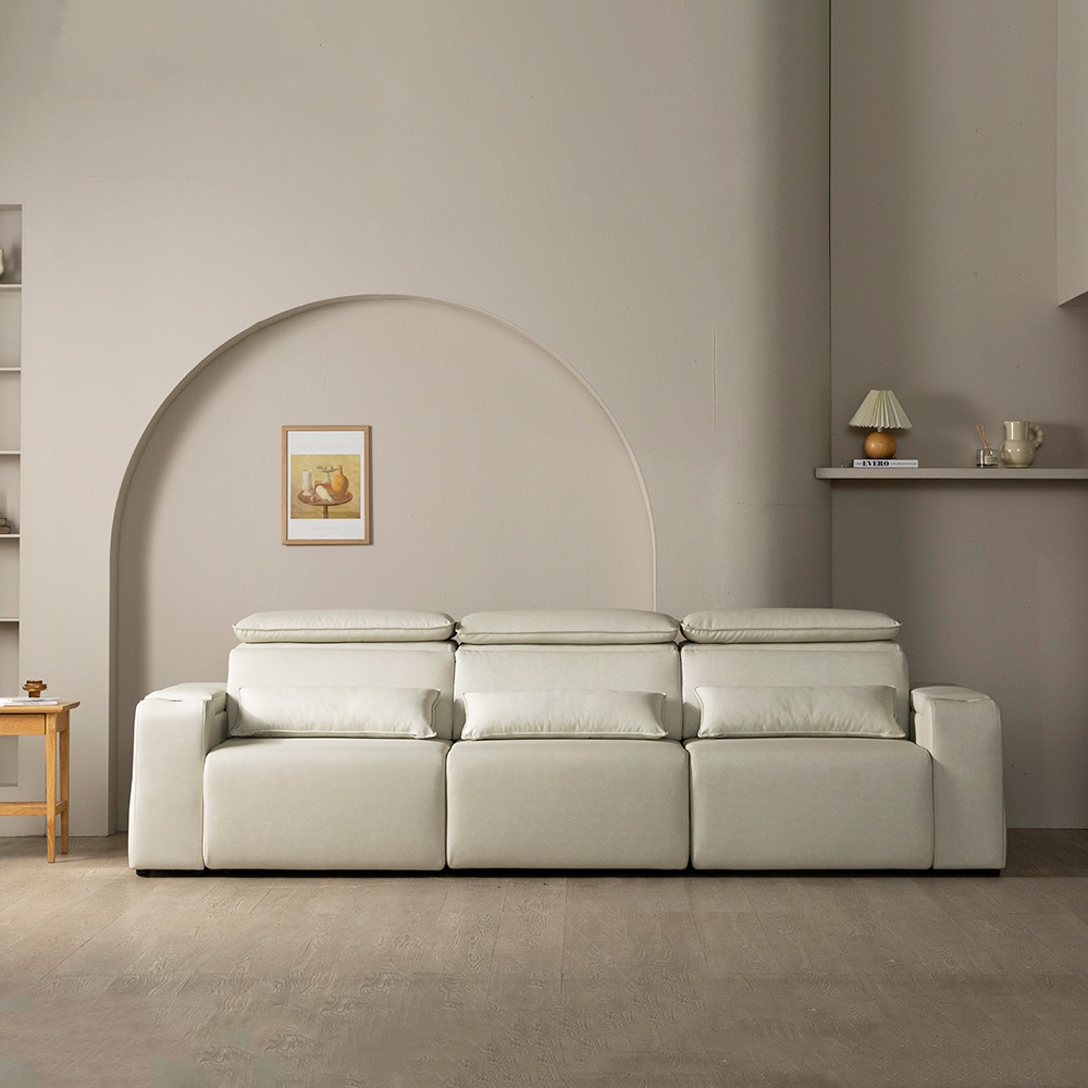 [4인 이지클린 기능성 가죽 소파] 미코하임 르네 슬라이딩 확장형 리클라이너 모션 공간 활용 거실 소파 스툴미포함, 크림베이지(가죽), 4인용