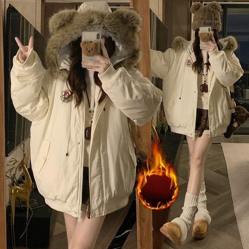 여성 루즈핏 오버핏 귀여운 곰돌이 귀 퍼 후드 숏패딩 점퍼 항공점퍼 캐주얼 데일리룩 겨울 아우터 자켓 - 메인 이미지