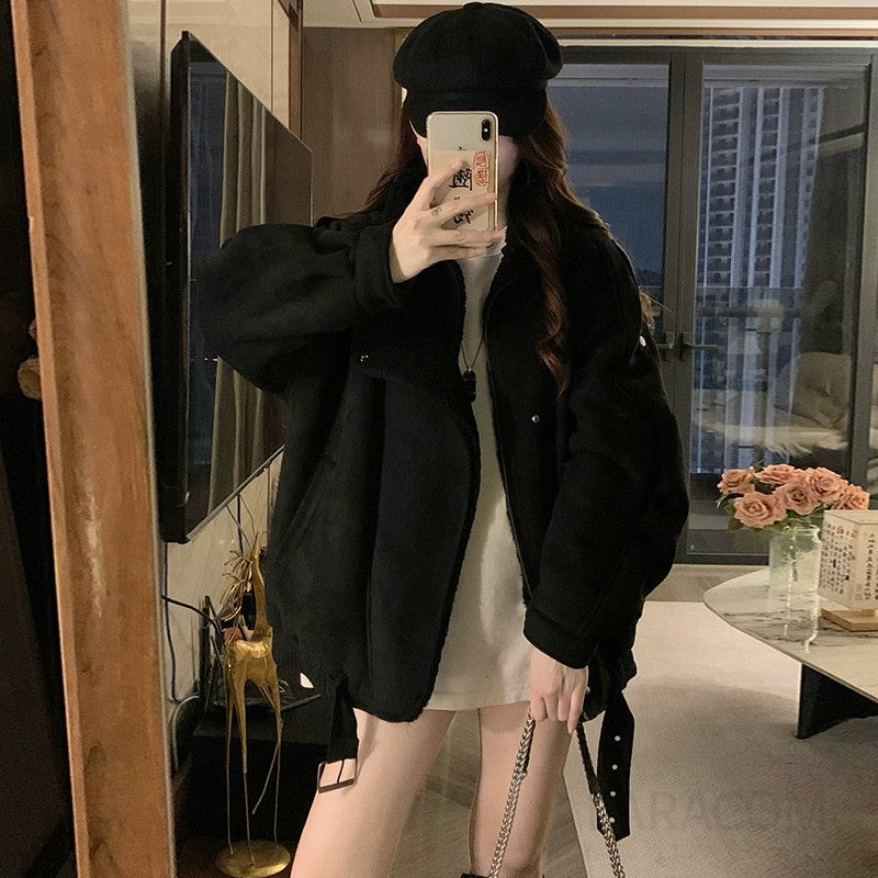 여성 루즈핏 양털 스웨이드 무스탕 플리스 점퍼 항공점퍼 겨울 두꺼운 아우터 코트 캐주얼룩 - 상세 이미지 4