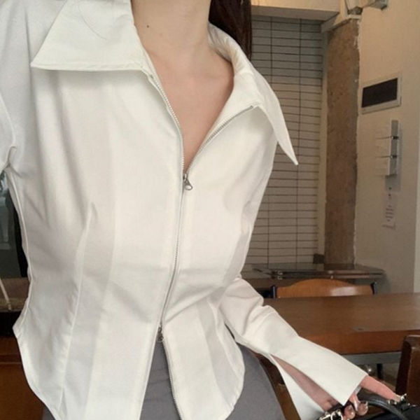 투웨이 여성 카라 셔츠 크롭 여성 긴 팔 셔츠 - 메인 이미지