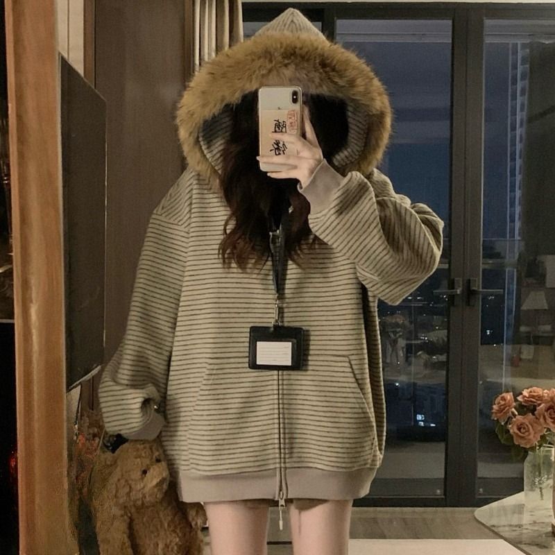 여성 퍼 카라 스트라이프 후드 집업 점퍼 안감 누빔 루즈핏 오버핏 캐주얼 겨울 아우터 - 상세 이미지 2
