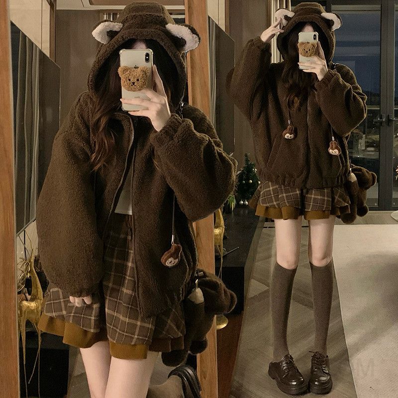 여성 루즈핏 곰돌이 귀 양털 뽀글이 후드집업 자켓 점퍼 테디베어 따뜻한 캐주얼 데일리 코디 겨울 아우터 - 상품 이미지