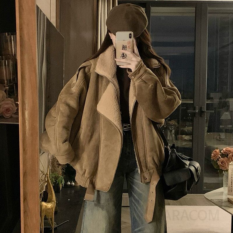 여성 루즈핏 인조 스웨이드 덤블 안감 점퍼 아우터 캐주얼 데일리 겨울 자켓 - 상세 이미지 2