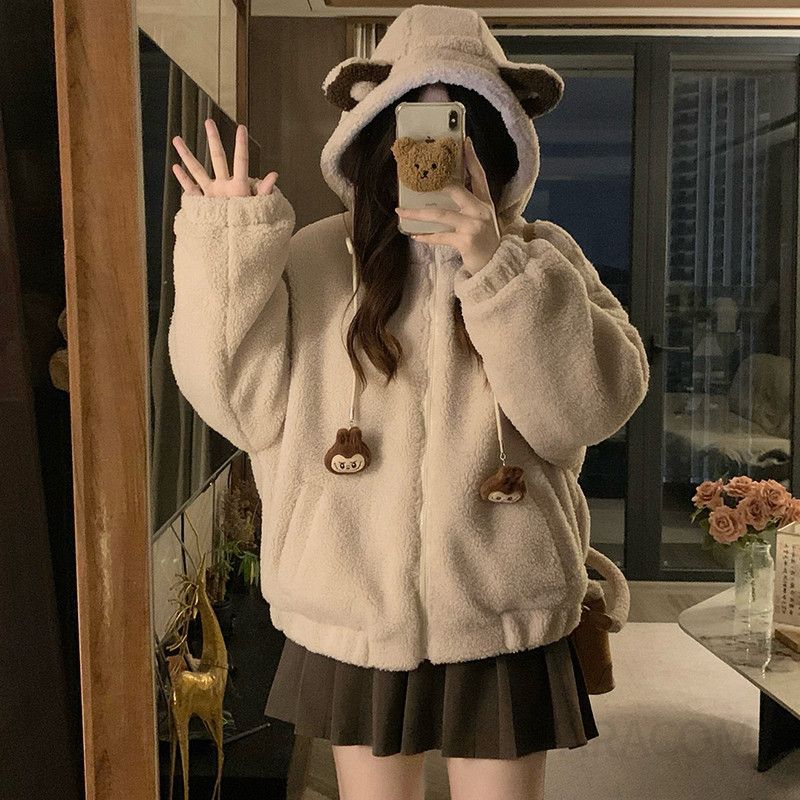 여성 루즈핏 곰돌이 귀 양털 뽀글이 후드집업 자켓 점퍼 테디베어 따뜻한 캐주얼 데일리 코디 겨울 아우터 - 상세 이미지 3
