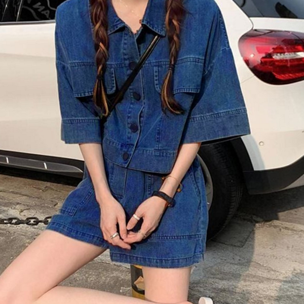 반팔 여성 데님 투피스 캐주얼 여성 데님 세트 여름 - 상품 이미지