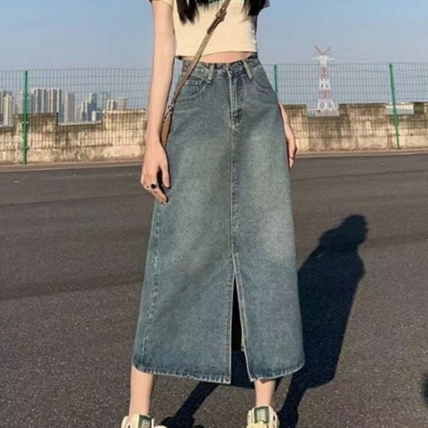밑단 여성 롱 데님 스커트 슬릿 여자 데님 스커트 - 메인 이미지