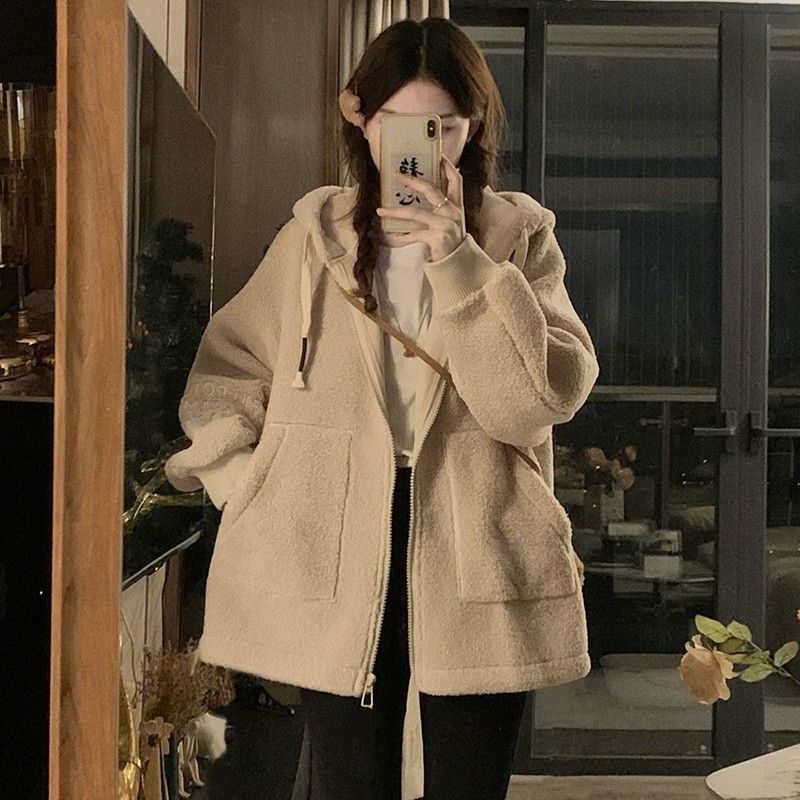 여성 귀여운 곰돌이 귀 후드 루즈핏 양털 후리스 두툼한 따뜻한 겨울 오버핏 아우터 점퍼 자켓 - 상세 이미지 3
