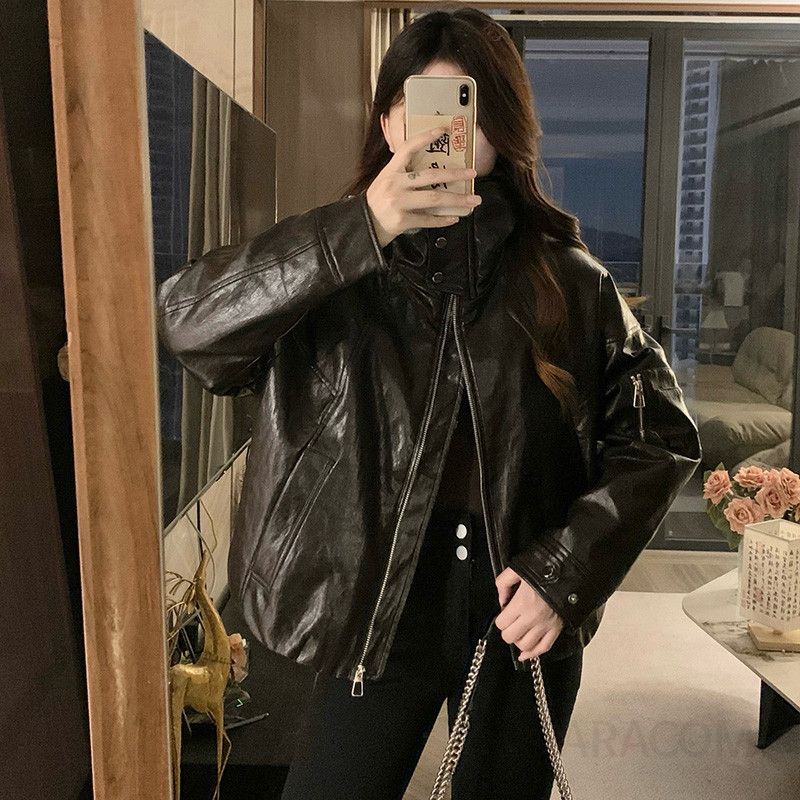 여성 루즈핏 레더 무스탕 점퍼 패딩 항공 점퍼 오버핏 겨울 가죽 자켓 아우터 - 상세 이미지 2
