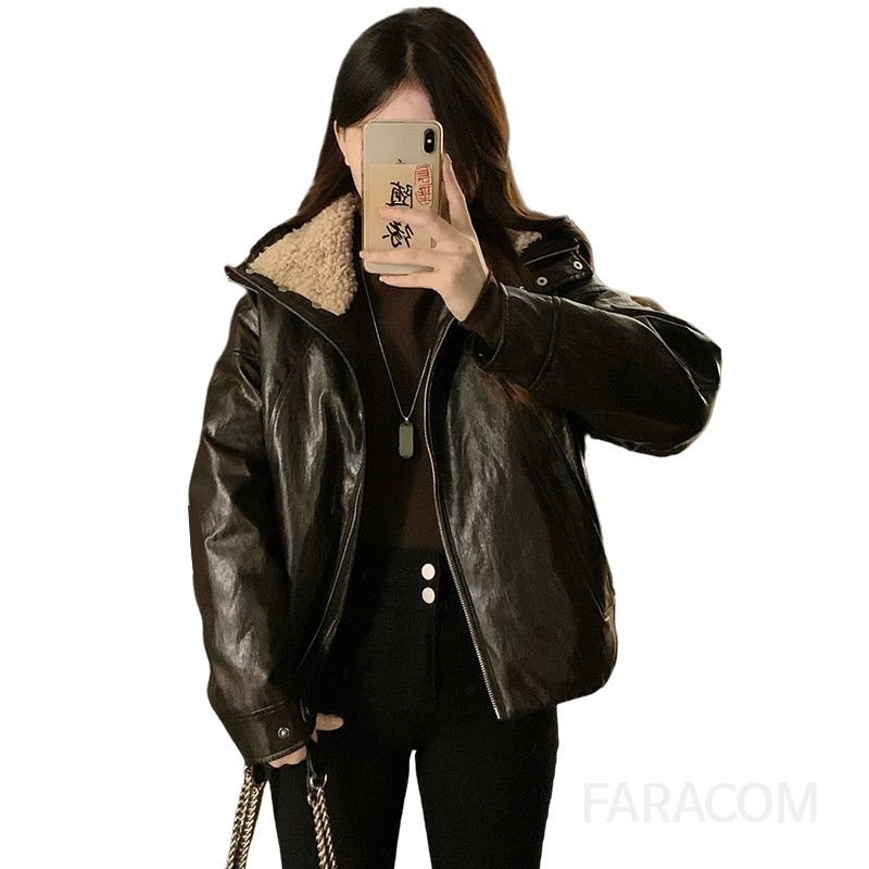 여성 루즈핏 레더 무스탕 점퍼 패딩 항공 점퍼 오버핏 겨울 가죽 자켓 아우터 - 상세 이미지 5