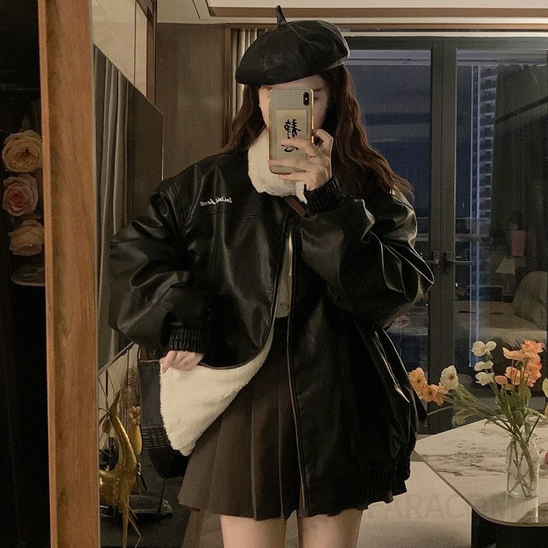 여성 양면 리버시블 레더 덤블 오버핏 항공점퍼 루즈핏 따뜻한 데일리 캐주얼 아우터 겨울 자켓 - 상세 이미지 5