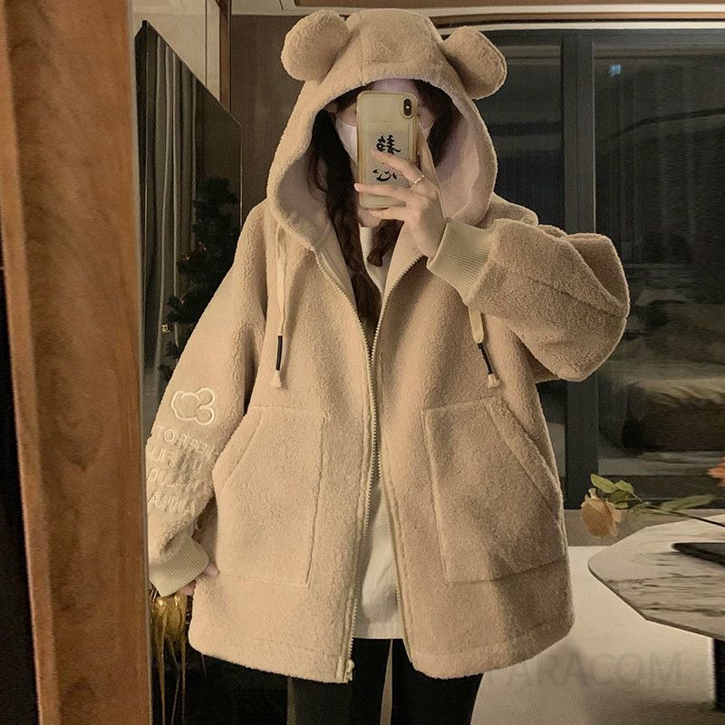 여성 귀여운 곰돌이 귀 후드 루즈핏 양털 후리스 두툼한 따뜻한 겨울 오버핏 아우터 점퍼 자켓 - 상품 이미지
