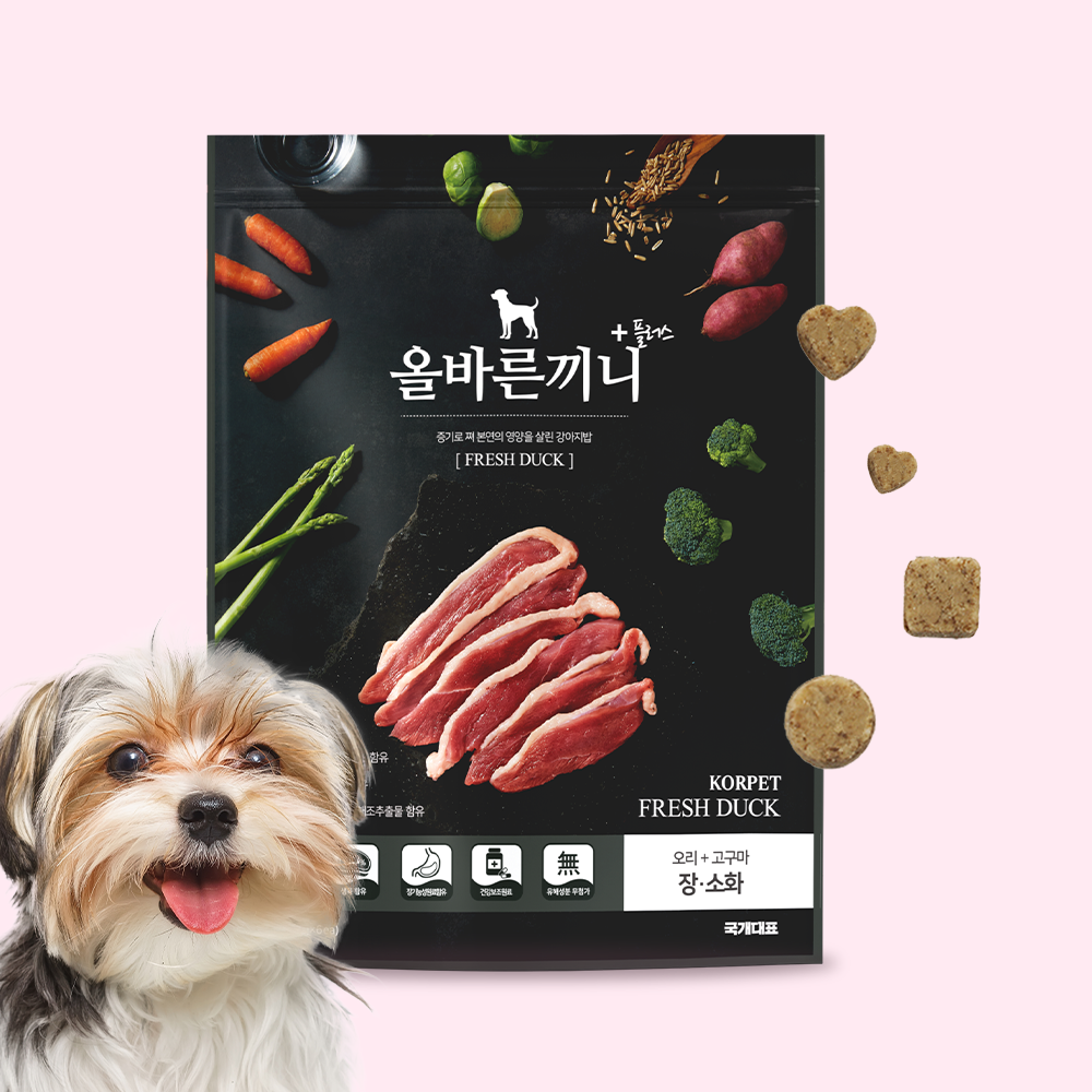 올바른끼니 플러스 오리 강아지사료 장건강 도움 강아지 밥 안먹을때 기호성 좋은 노령견 사료 제품 이미지