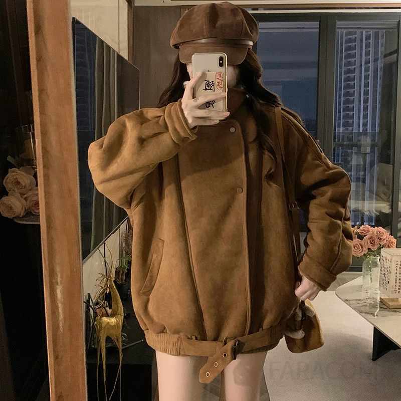 여성 루즈핏 양털 스웨이드 무스탕 플리스 점퍼 항공점퍼 겨울 두꺼운 아우터 코트 캐주얼룩 - 상세 이미지 2