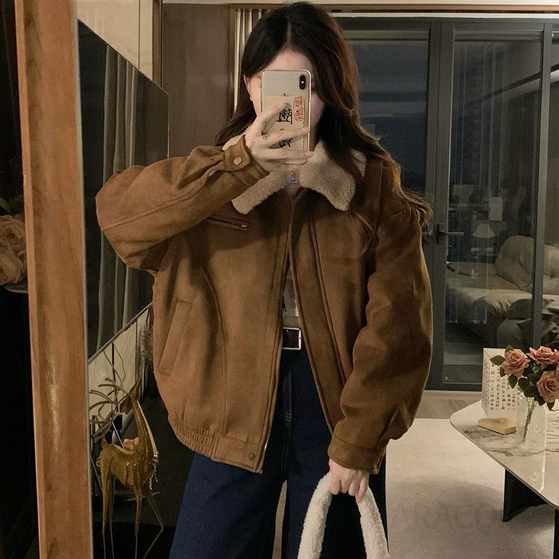 여성 덤블카라 스웨이드 배색 항공 점퍼 따뜻한 두툼한 겨울 캐주얼 아우터 자켓 - 상세 이미지 2