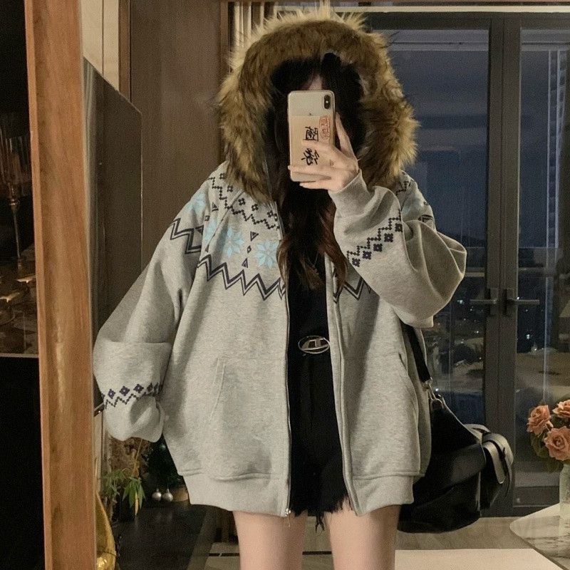 여성 페어아일 퍼 후드 집업 플리스 자켓 루즈핏 오버핏 따뜻한 방한 두툼한 겨울 아우터 - 상세 이미지 3