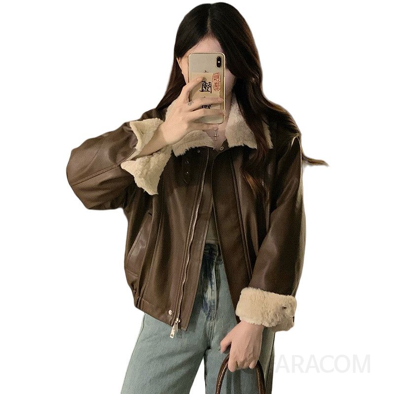 여성 오버핏 덤블 안감 무스탕 PU 레더 항공점퍼 겨울 라이더 자켓 따뜻한 데일리룩 - 상세 이미지 5