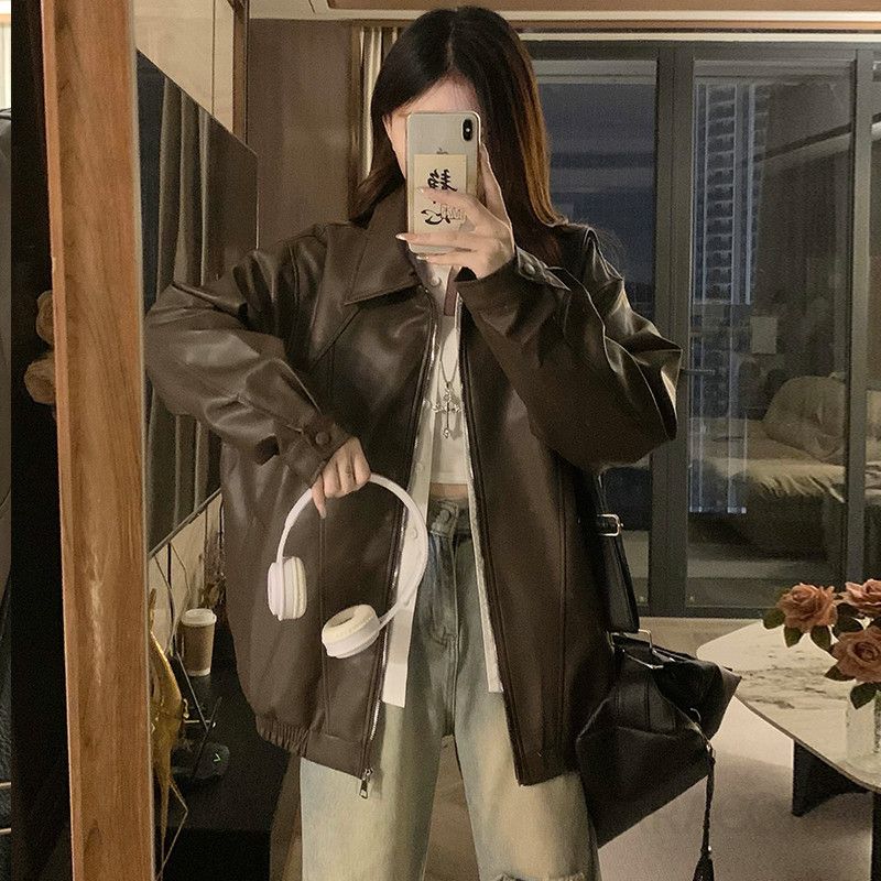 여성 오버핏 루즈핏 인조가죽 레더 자켓 점퍼 블루종 항공점퍼 아우터 간절기 데일리 캐주얼 스트릿 시크 패션 봄 가을 - 메인 이미지