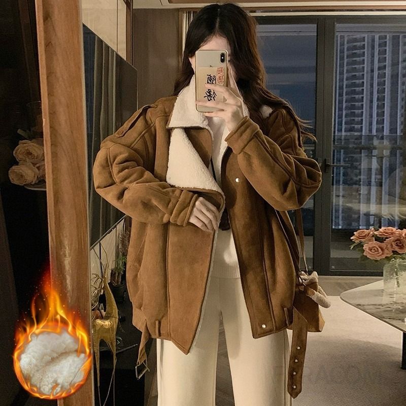 여성 루즈핏 양털 스웨이드 무스탕 플리스 점퍼 항공점퍼 겨울 두꺼운 아우터 코트 캐주얼룩 - 메인 이미지