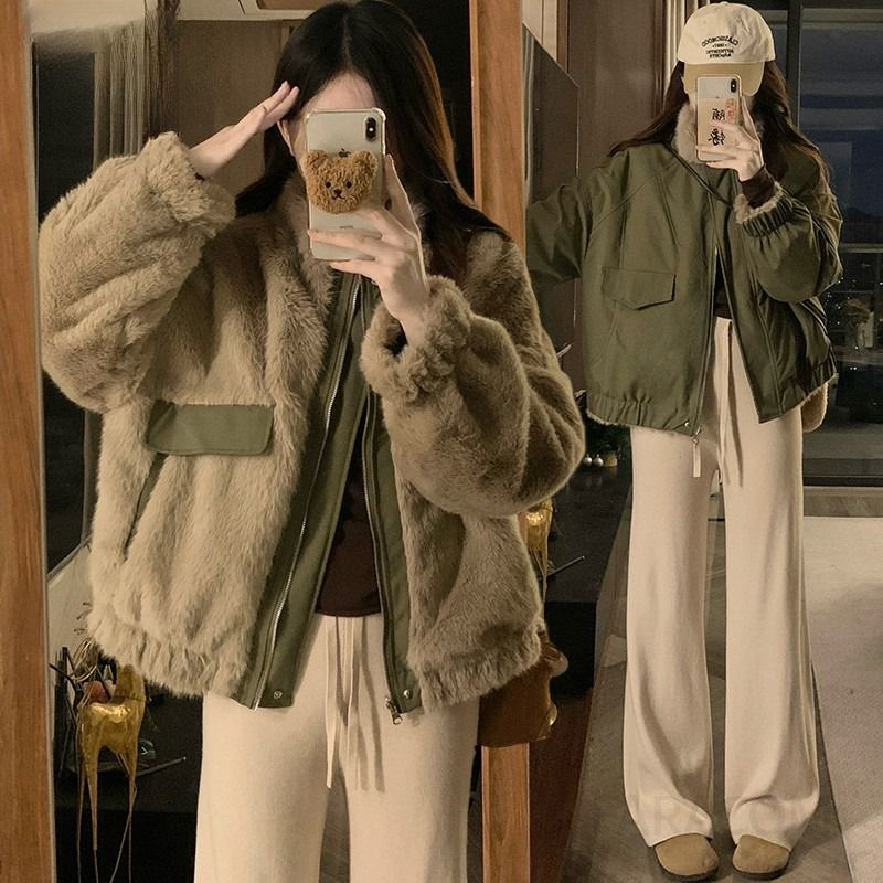 여성 겨울 양면 리버시블 퍼 숏패딩 무스탕 야상 점퍼 오버핏 따뜻한 두꺼운 아우터 자켓 파카 - 메인 이미지