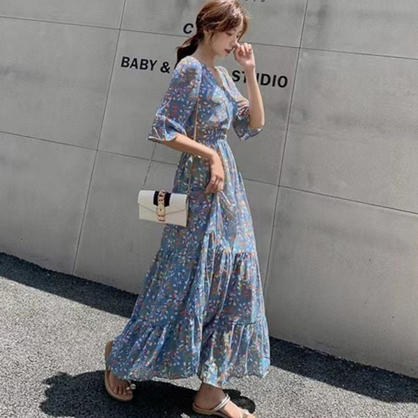 플라워 여성 롱 원피스 바캉스 롱 원피스 데일리 하객룩 - 상품 이미지