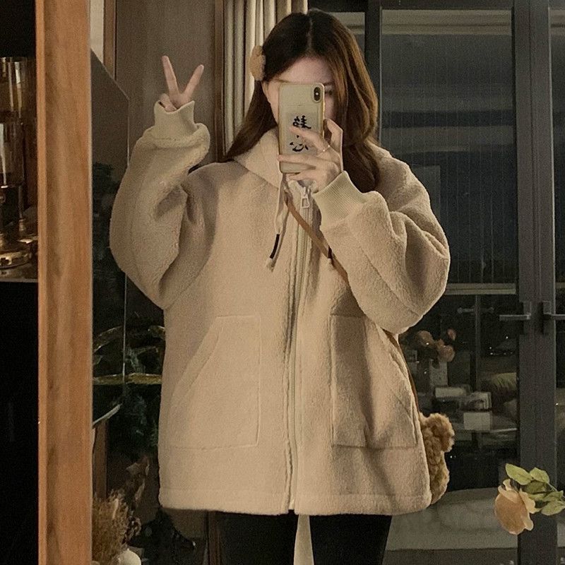 여성 귀여운 곰돌이 귀 후드 루즈핏 양털 후리스 두툼한 따뜻한 겨울 오버핏 아우터 점퍼 자켓 - 상세 이미지 4