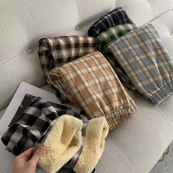 루즈핏 여성 기모 바지 와이드 여성 체크 바지 밴딩 - 메인 이미지