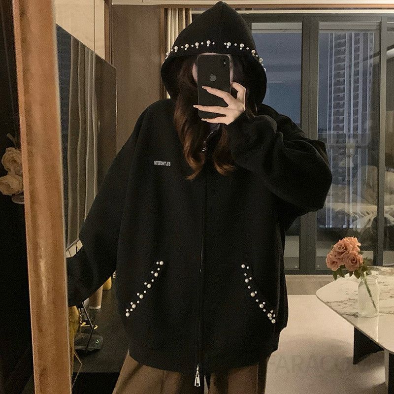 여성 후드 스터드 장식 오버핏 루즈핏 데일리 점퍼 아우터 집업 맨투맨 상의 편안한 코디 봄 가을 - 상세 이미지 2