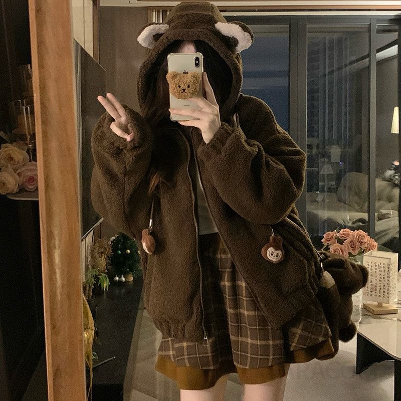 여성 루즈핏 곰돌이 귀 양털 뽀글이 후드집업 자켓 점퍼 테디베어 따뜻한 캐주얼 데일리 코디 겨울 아우터 - 상세 이미지 2