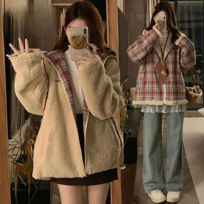 여성 양면 덤블 양털 후드 자켓 레드 체크 루즈핏 오버핏 따뜻한 겨울 데일리 점퍼 외투 - 상품 이미지