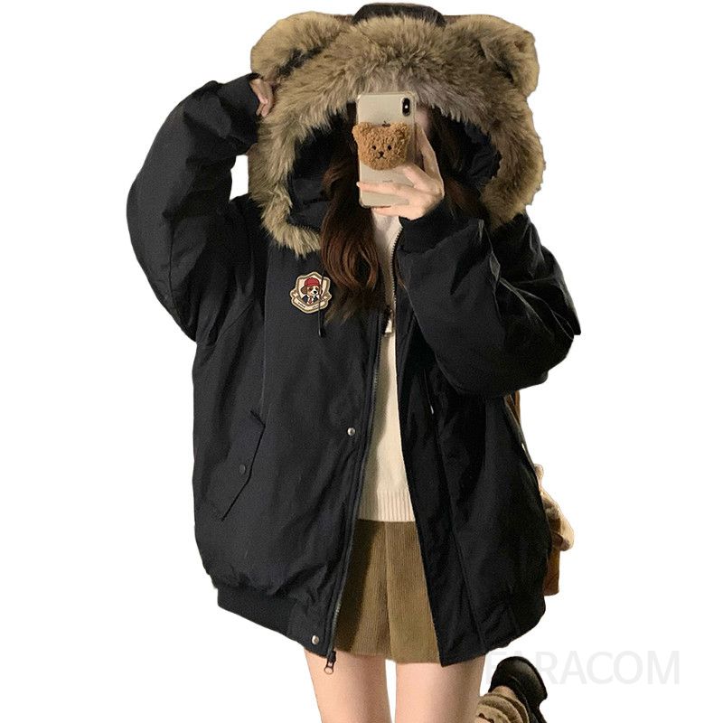 여성 루즈핏 오버핏 귀여운 곰돌이 귀 퍼 후드 숏패딩 점퍼 항공점퍼 캐주얼 데일리룩 겨울 아우터 자켓 - 상세 이미지 5
