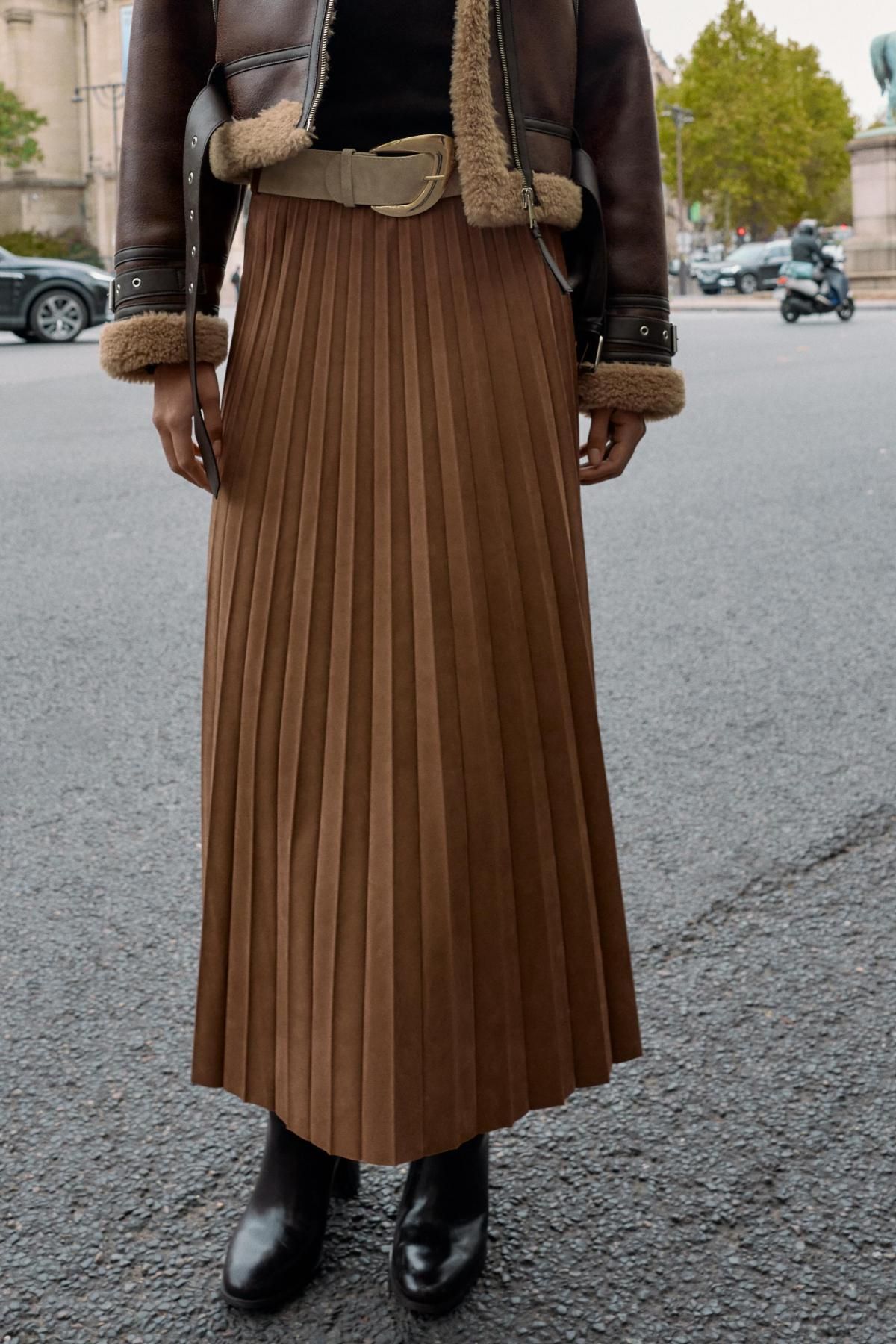자라 플리츠 페이크 스웨이드 벨트 미디 스커트 9596/974 LIGHT BROWN - 상세 이미지 5