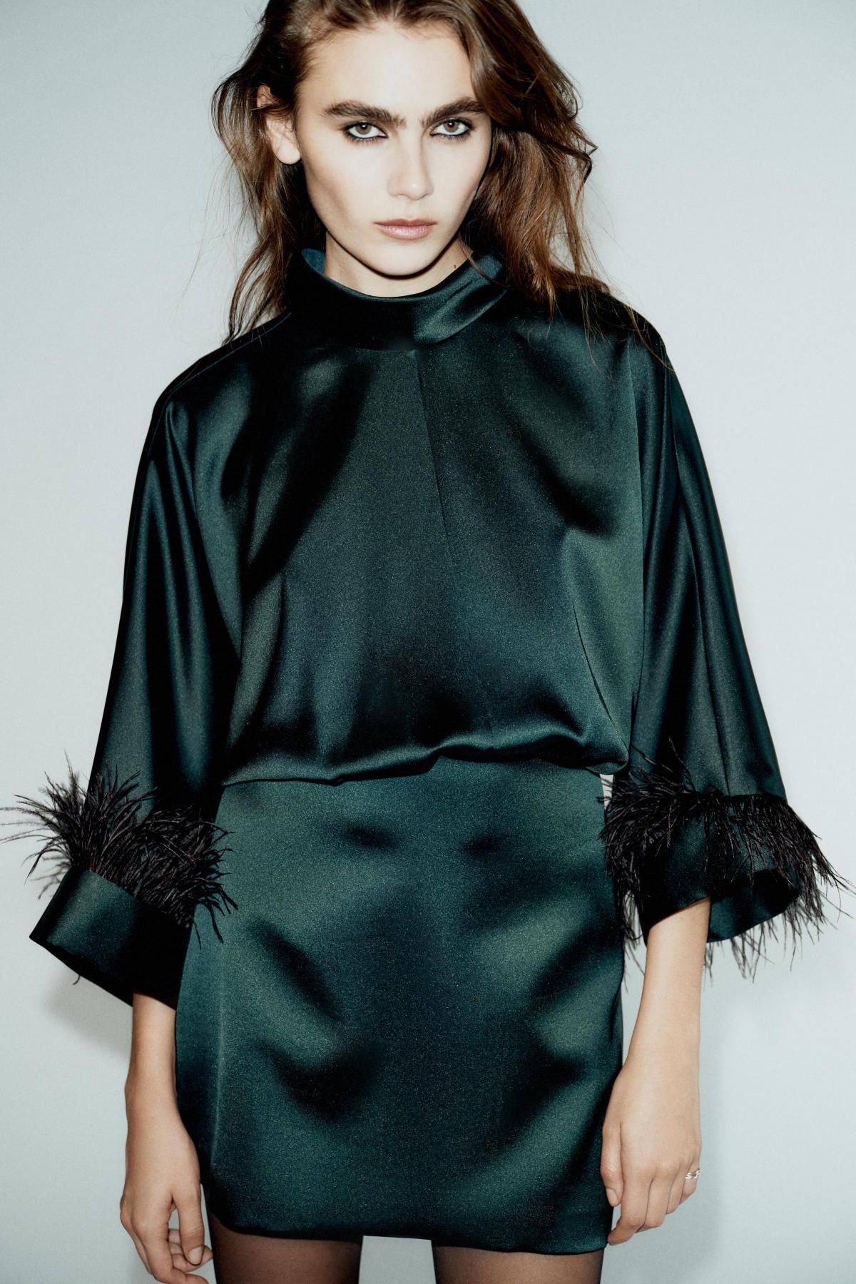 자라 페더 새틴 하이넥 미니 원피스 8893/399 DARK GREEN - 상세 이미지 3
