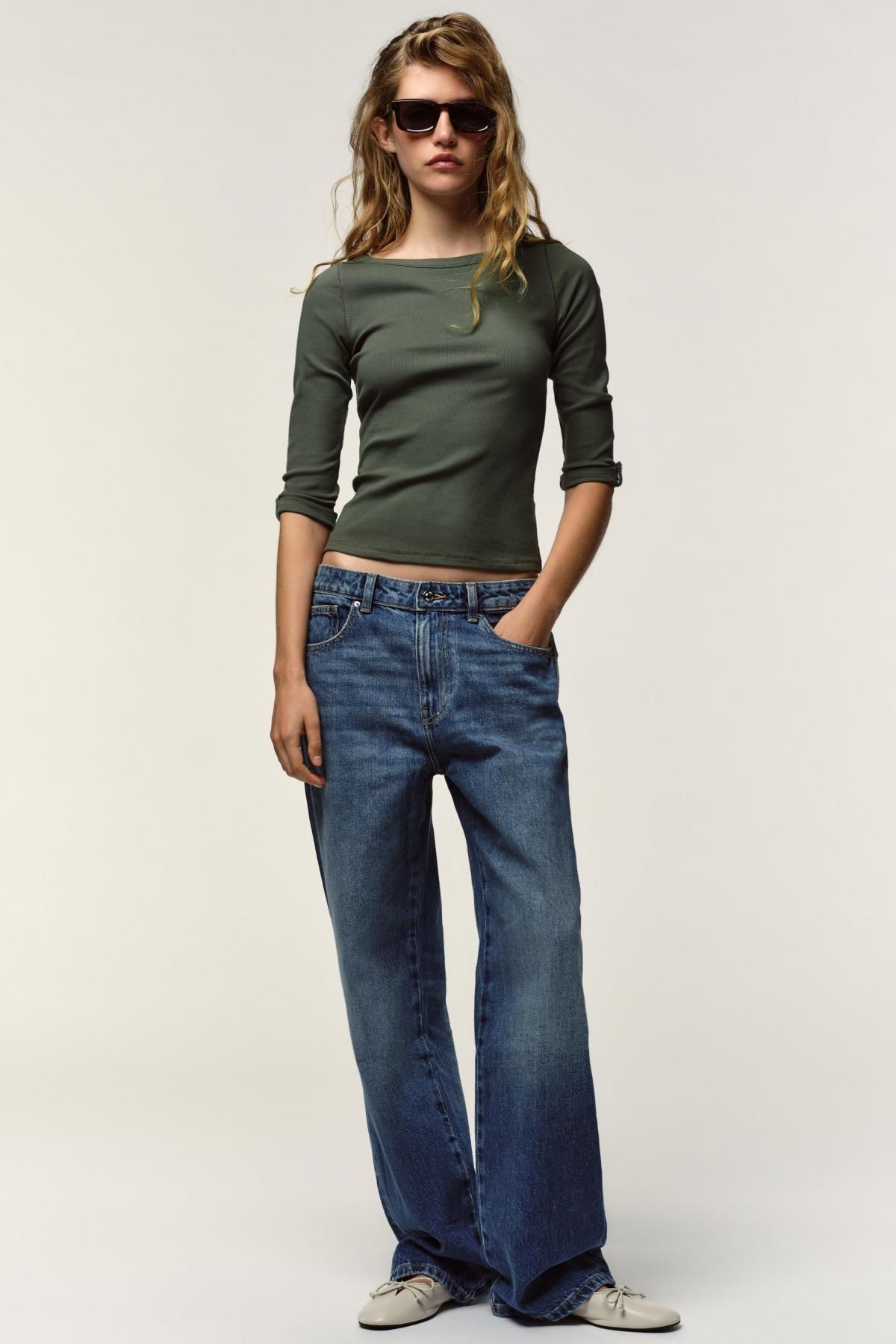 자라 슬림핏 보트넥 메탈버튼 골지 긴팔 티셔츠 5644/484 KHAKI - 상세 이미지 2