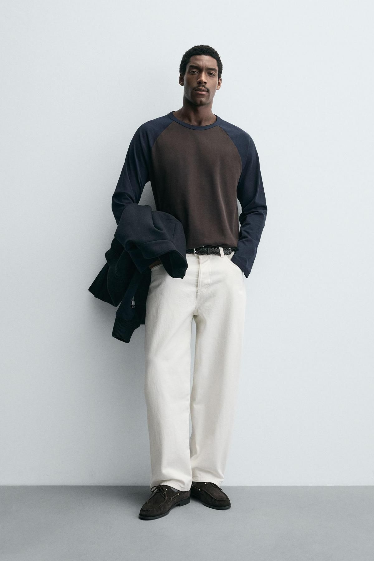 자라 테크니컬 컬러블록 래글런 긴팔 티셔츠 1887/321 BROWN-BLUE - 상세 이미지 2