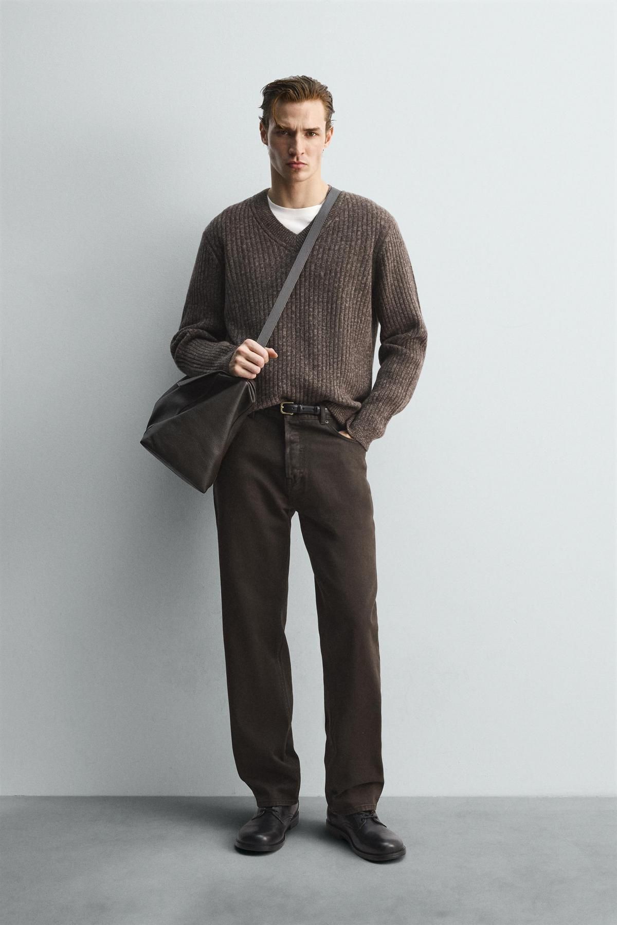 자라 한정판 울 혼방 립 브이넥 니트 스웨터 0693/324 BROWN - 상세 이미지 2