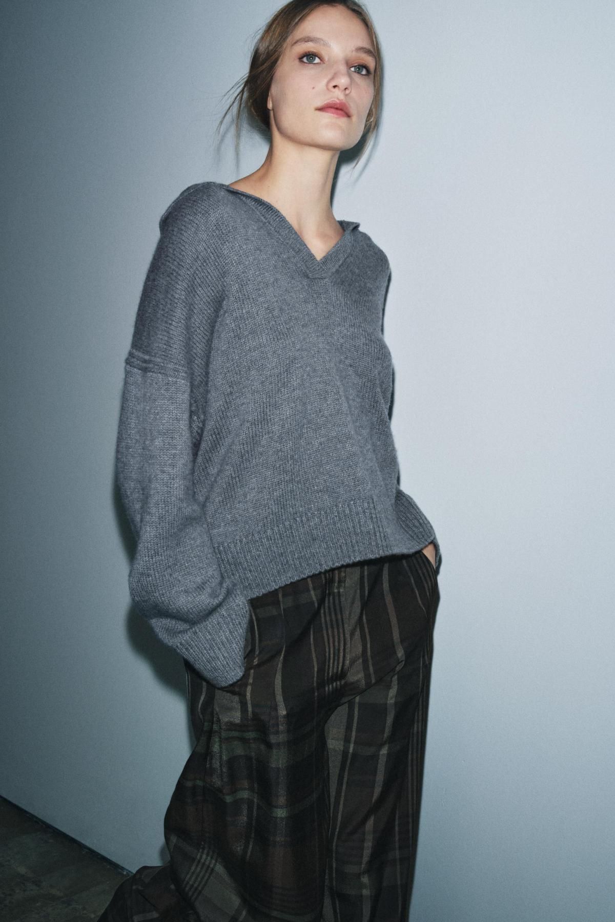 자라 울 캐시미어 브이넥 폴로 니트 스웨터 1505/103 BLUE GREY 이미지 6