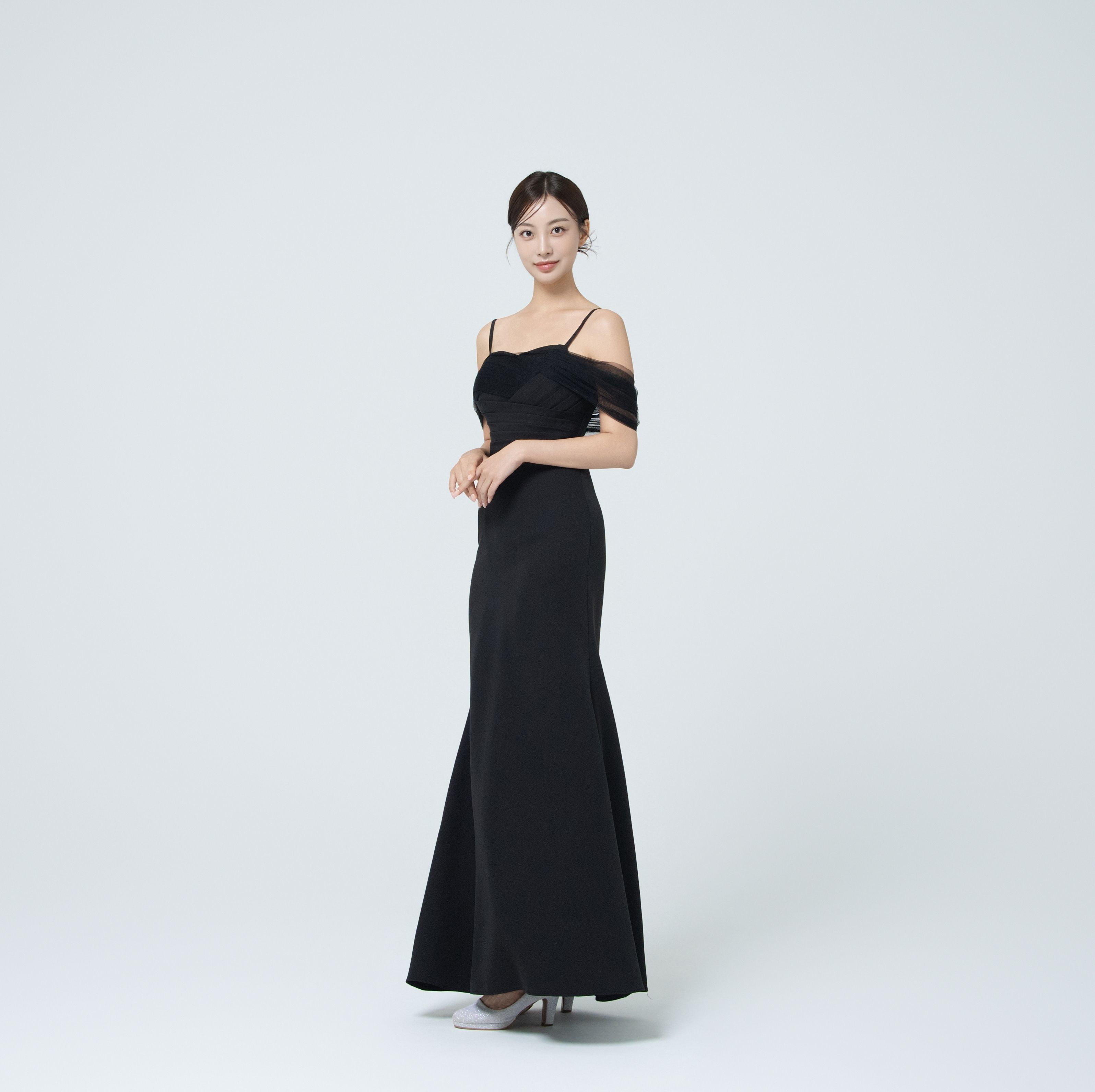 뉴키리 오프숄더 블랙 슬림블랙드레스 대여 브라이덜샤워 웨딩스냅 2부원피스 이브닝 돌잔치의상 - 상세 이미지 5