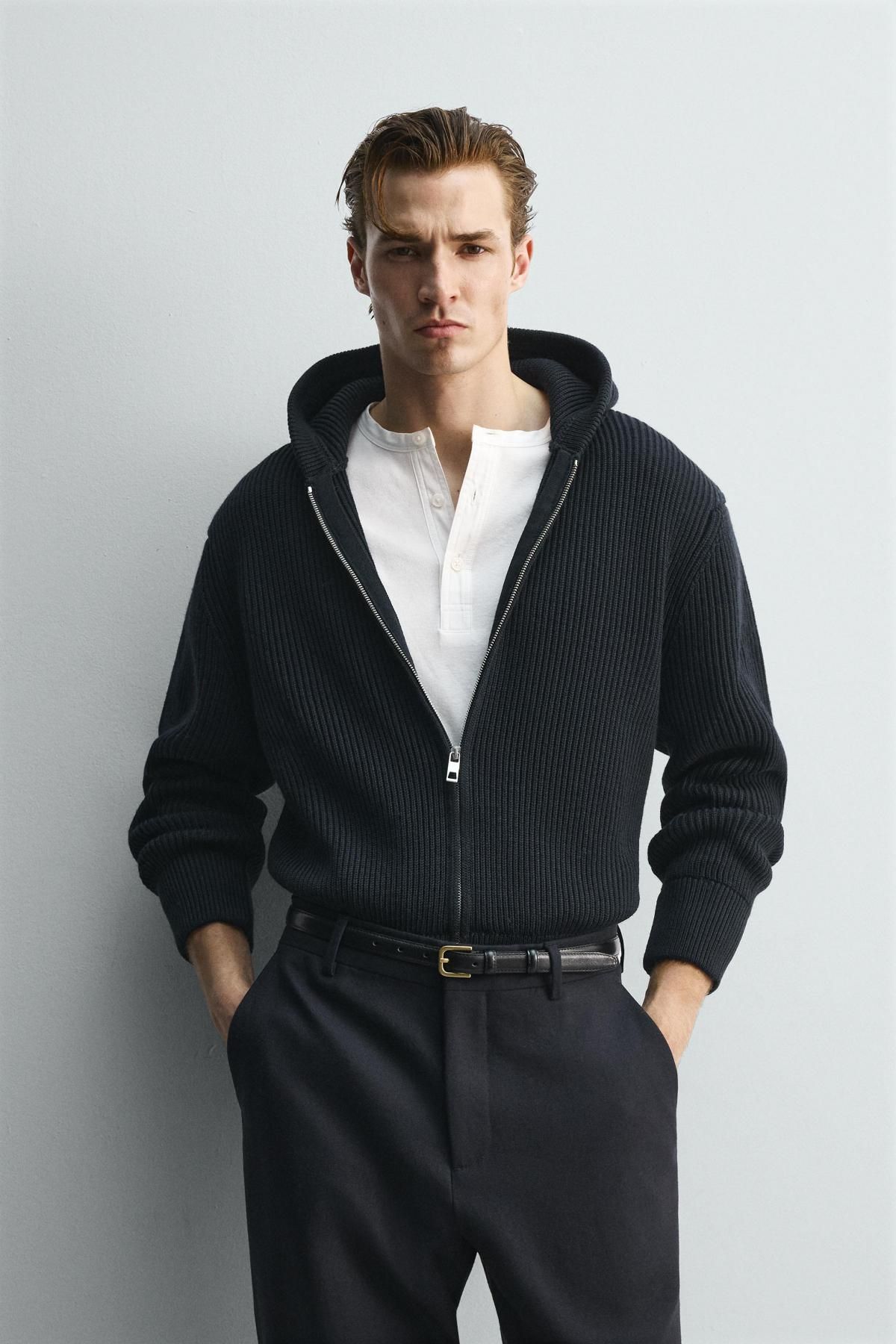 자라 프리미엄 울 후드 집업 가디건 0693/316 NAVY BLUE - 상세 이미지 3