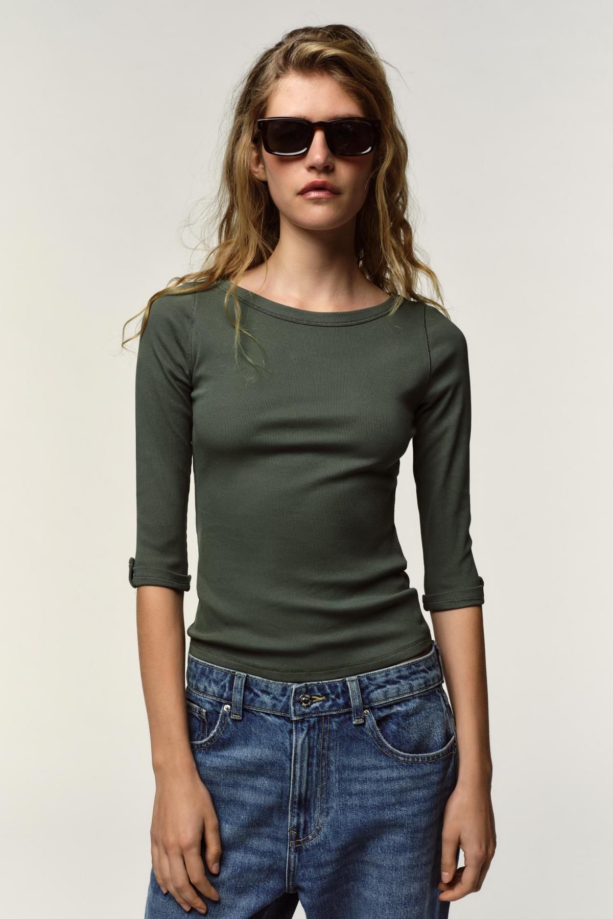 자라 슬림핏 보트넥 메탈버튼 골지 긴팔 티셔츠 5644/484 KHAKI - 상세 이미지 3