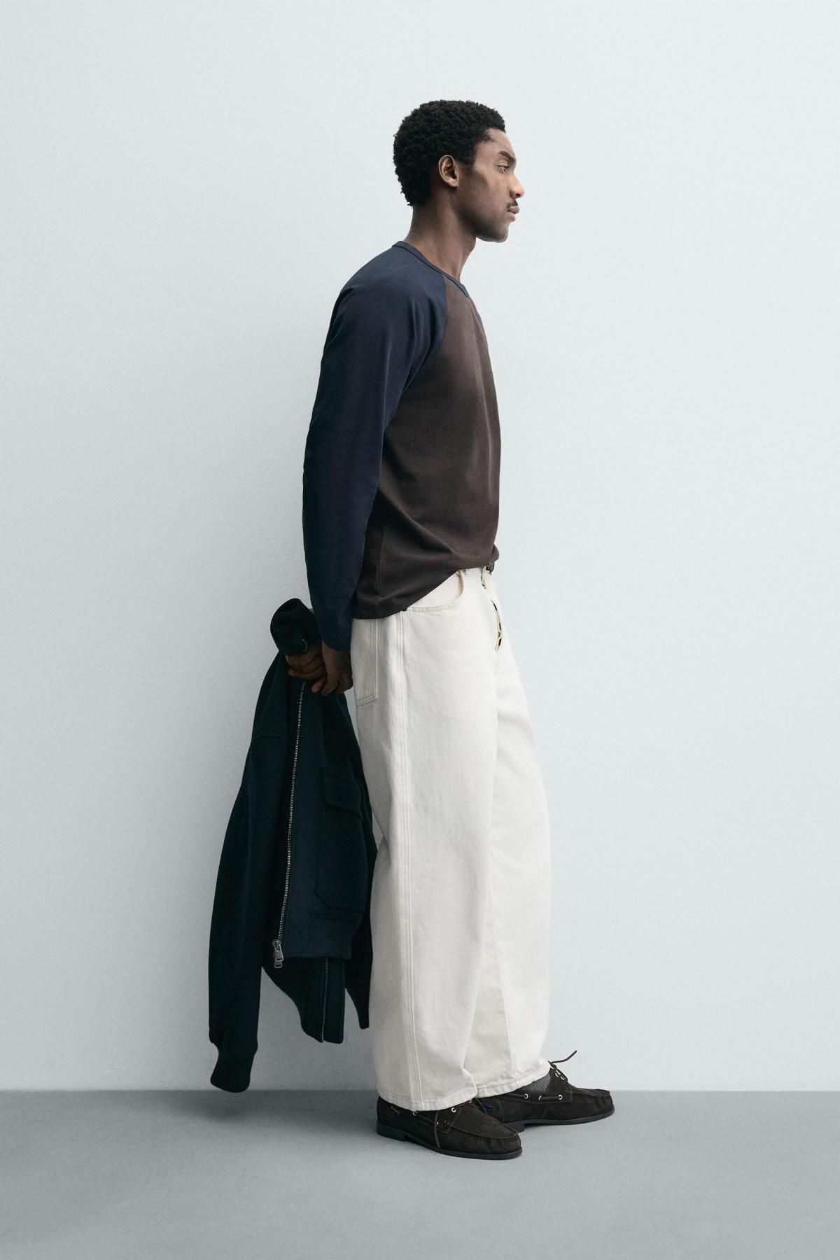 자라 테크니컬 컬러블록 래글런 긴팔 티셔츠 1887/321 BROWN-BLUE - 상세 이미지 5
