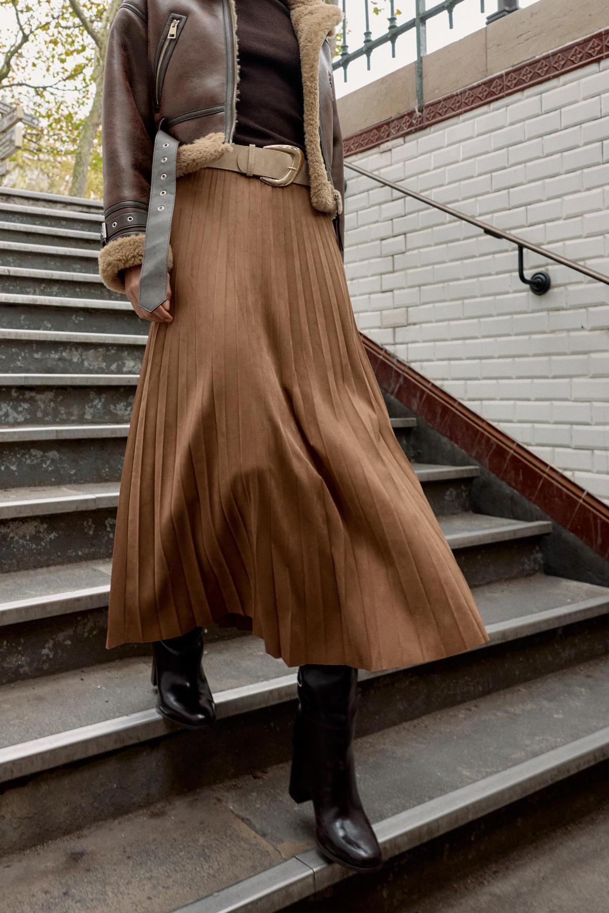 자라 플리츠 페이크 스웨이드 벨트 미디 스커트 9596/974 LIGHT BROWN - 상세 이미지 3
