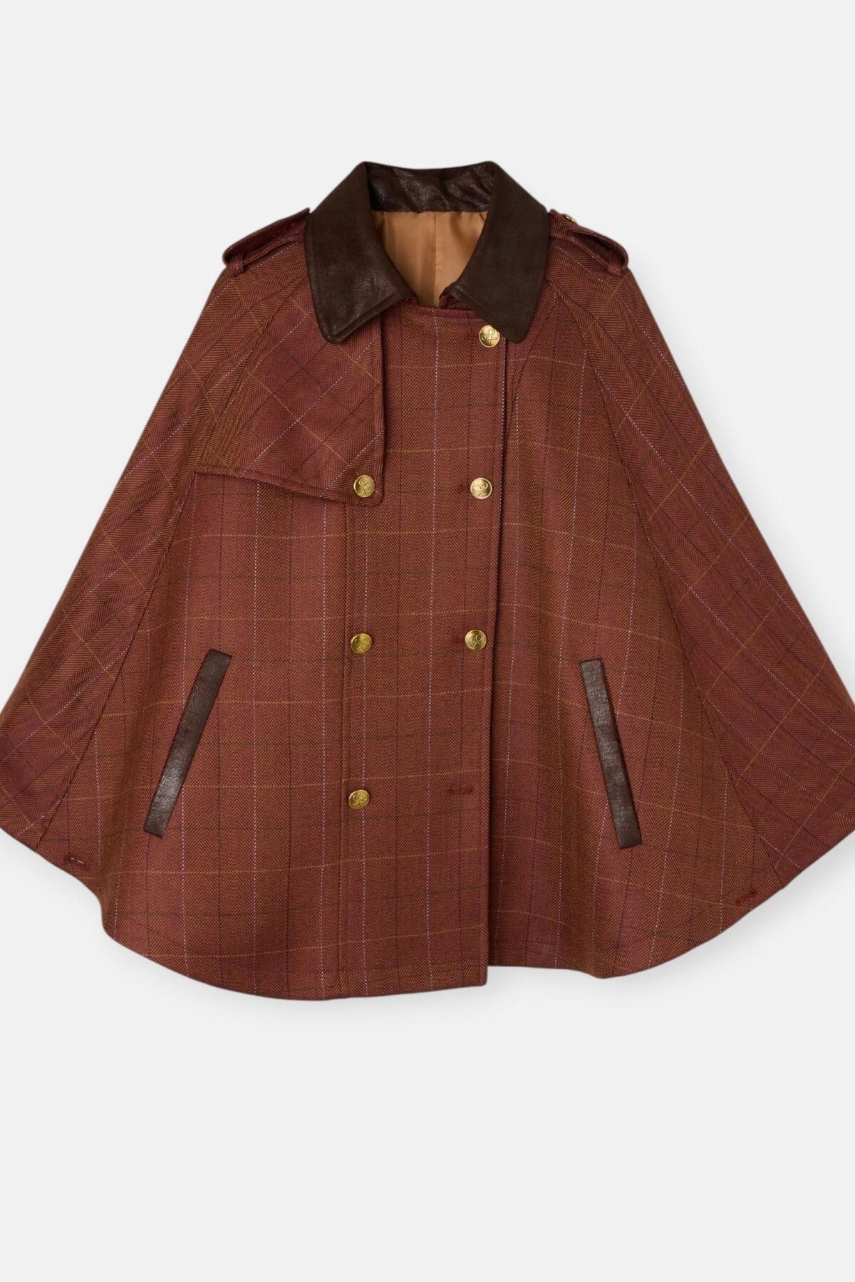 실본 가죽 디테일 체크 울 케이프 브라운 6432656 ESTAMPADO MARRON - 메인 이미지
