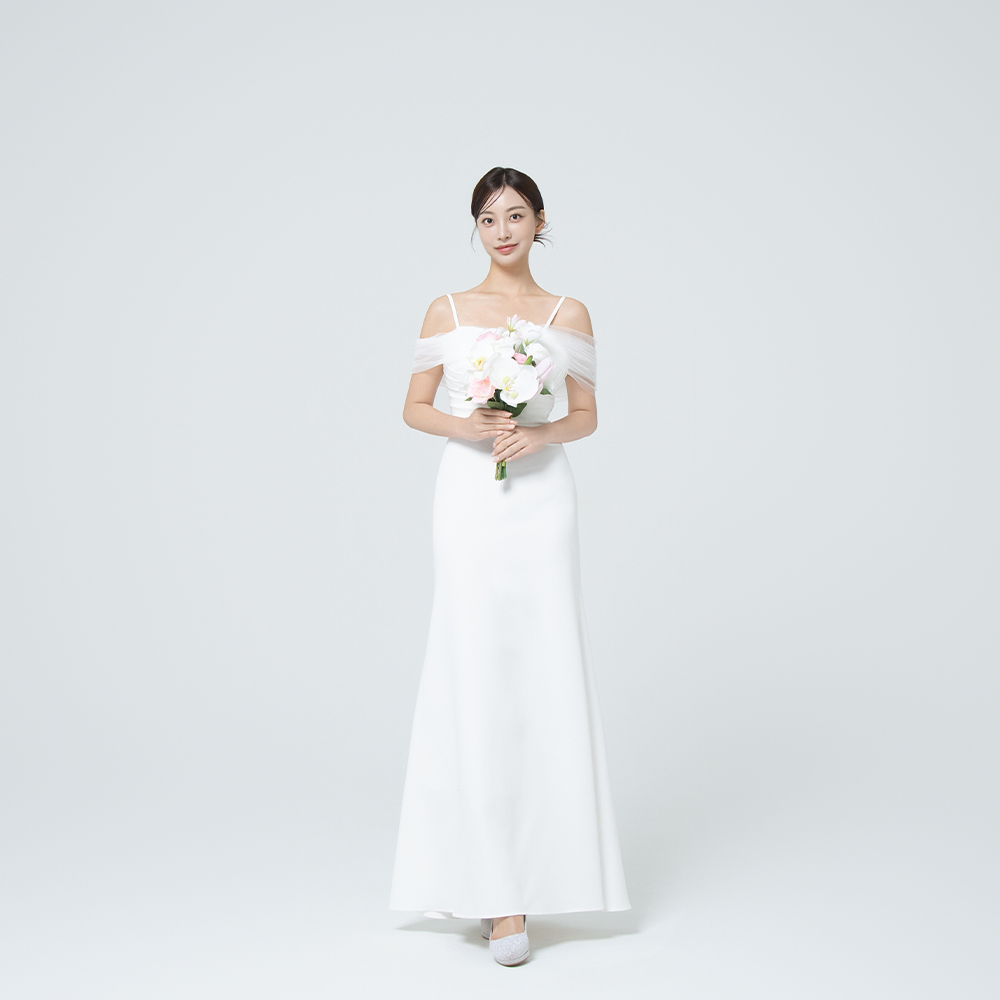 로제 오프숄더 슬림 화이트드레스 대여 브라이덜샤워 웨딩스냅 2부원피스 이브닝 돌잔치의상 - 상세 이미지 2