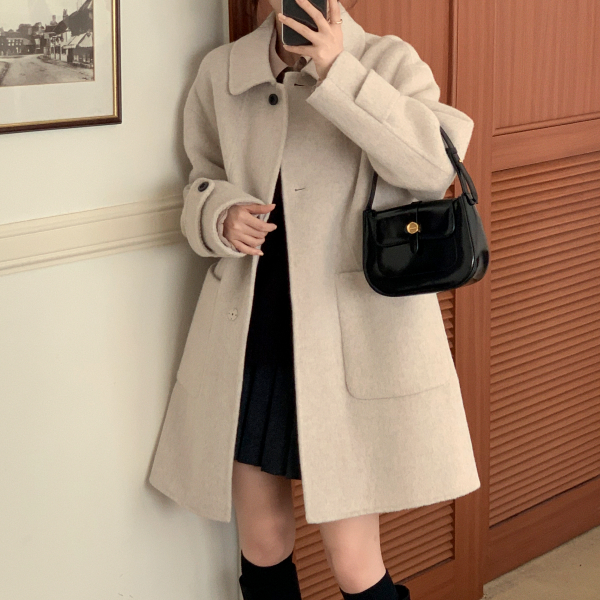 [울함유] 소매 비조 싱글 울 핸드메이드 미디 롱 코트 ct1669