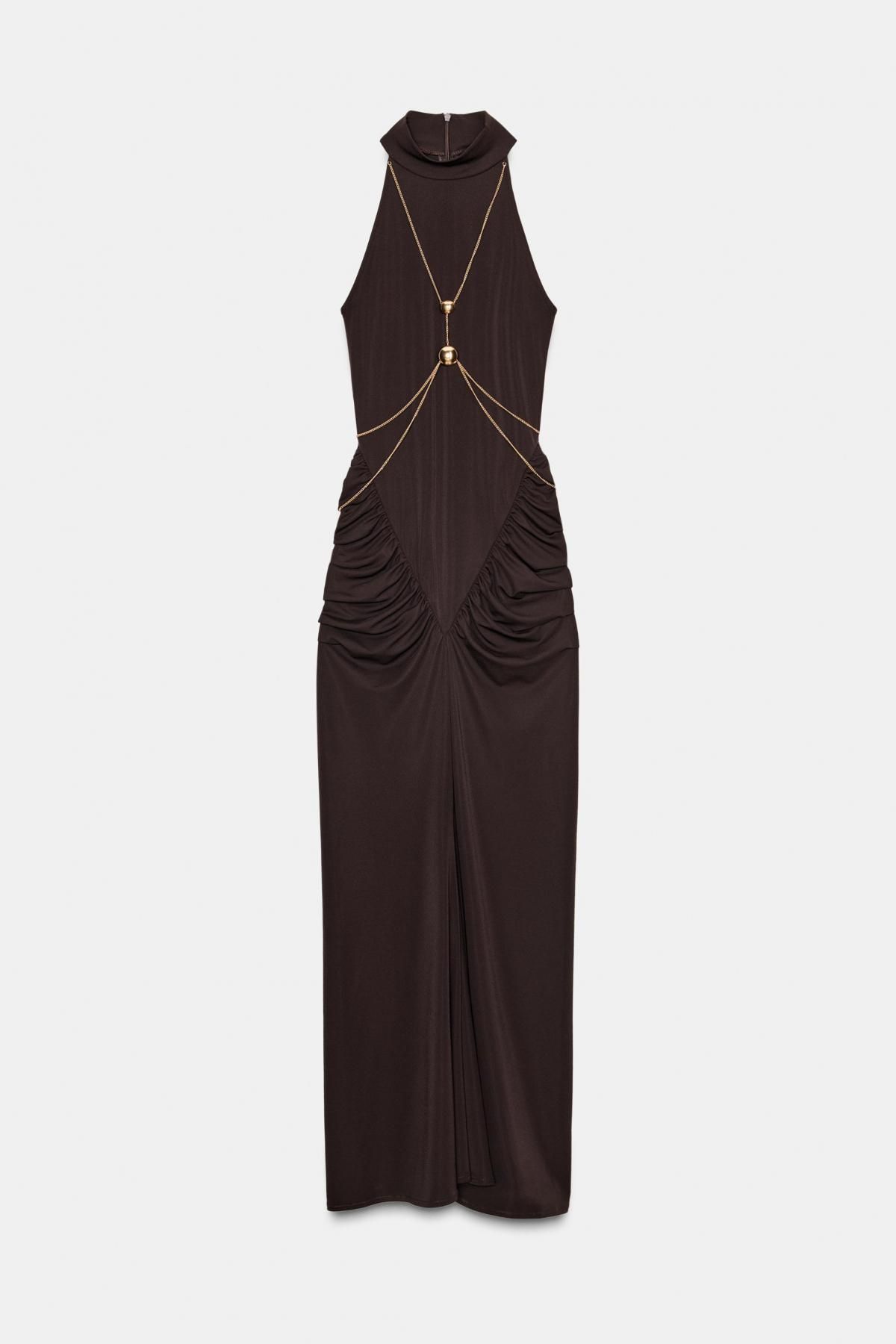 자라 메탈릭 체인 홀터넥 롱 원피스 5039/232 DARK BROWN - 메인 이미지