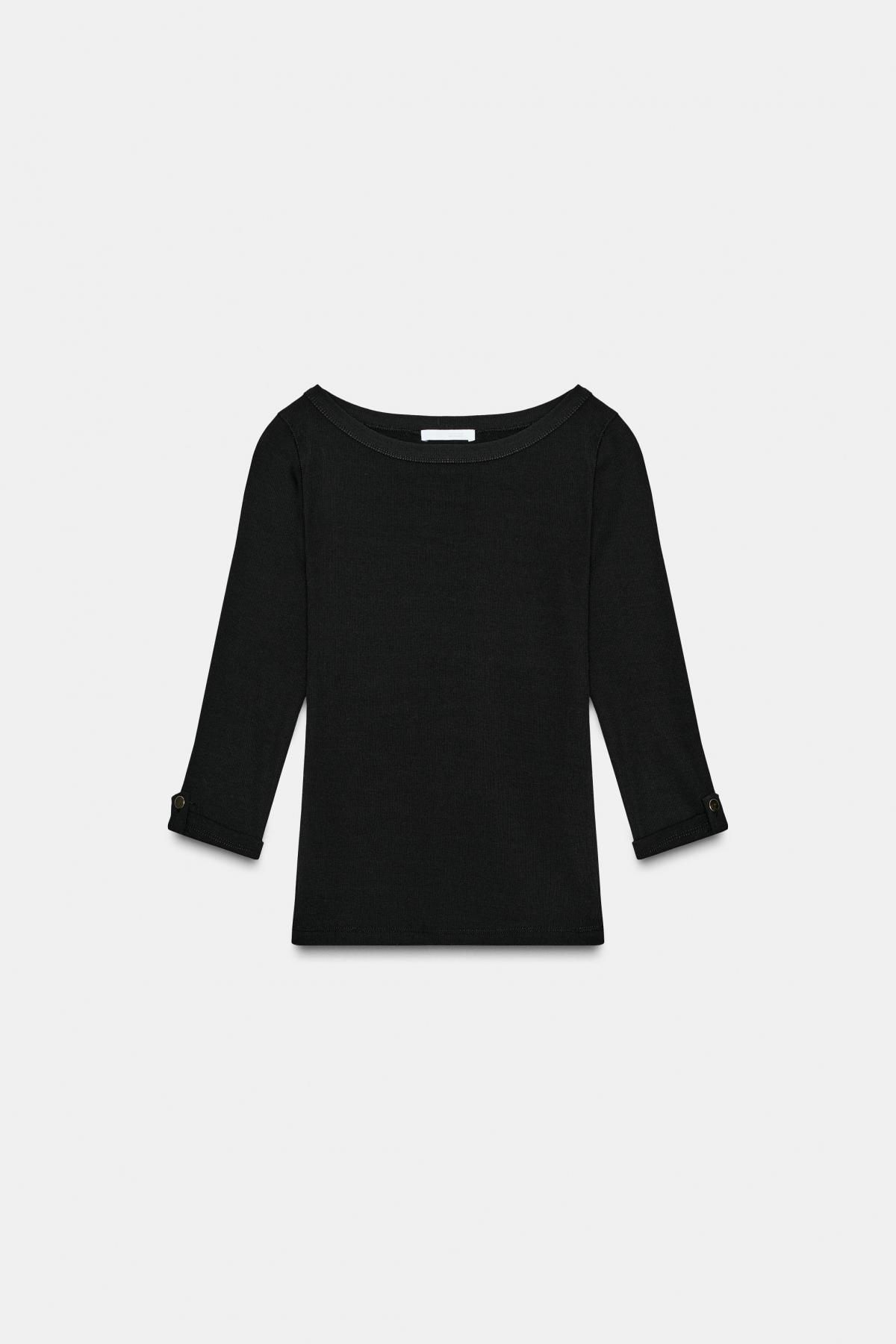 자라 슬림핏 보트넥 메탈버튼 골지 7부 티셔츠 5644/484 BLACK - 메인 이미지