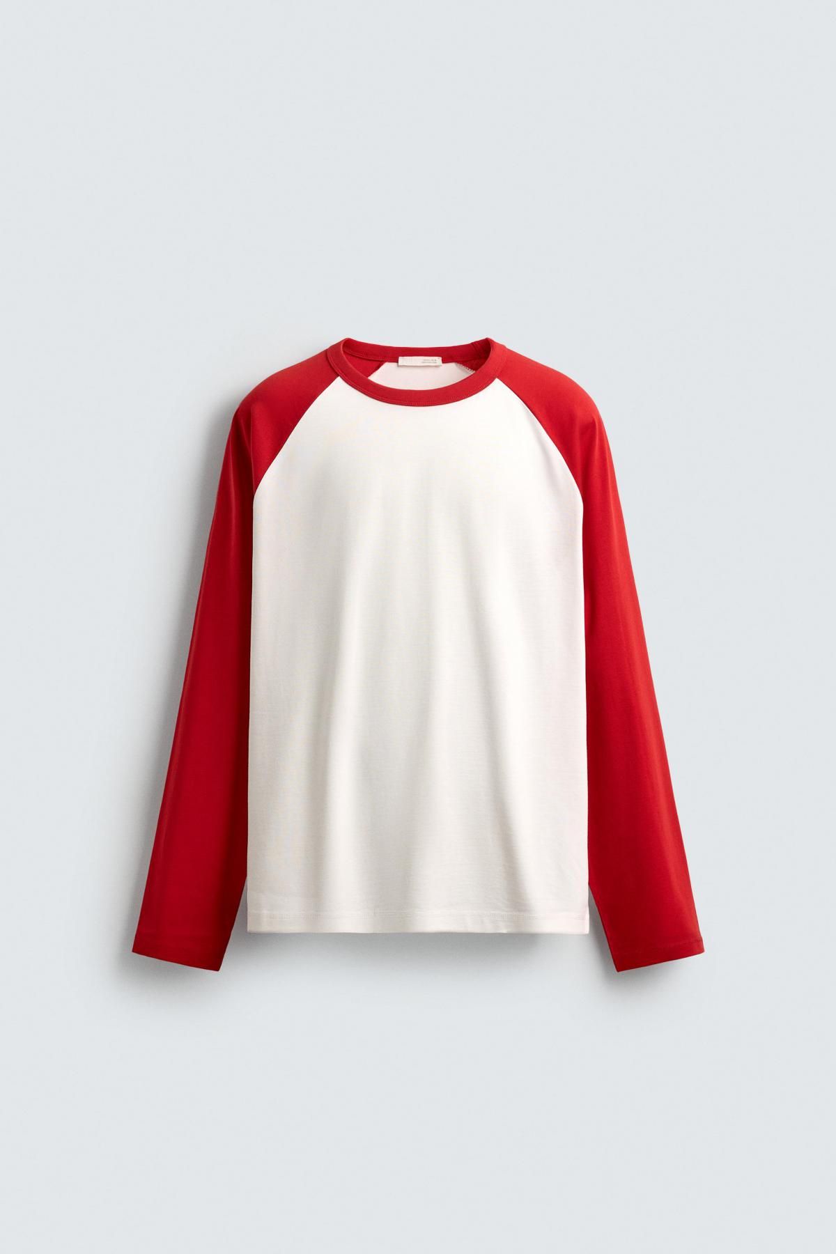 자라 컬러블록 래글런 긴팔 티셔츠 1887/321 ECRU / RED - 메인 이미지